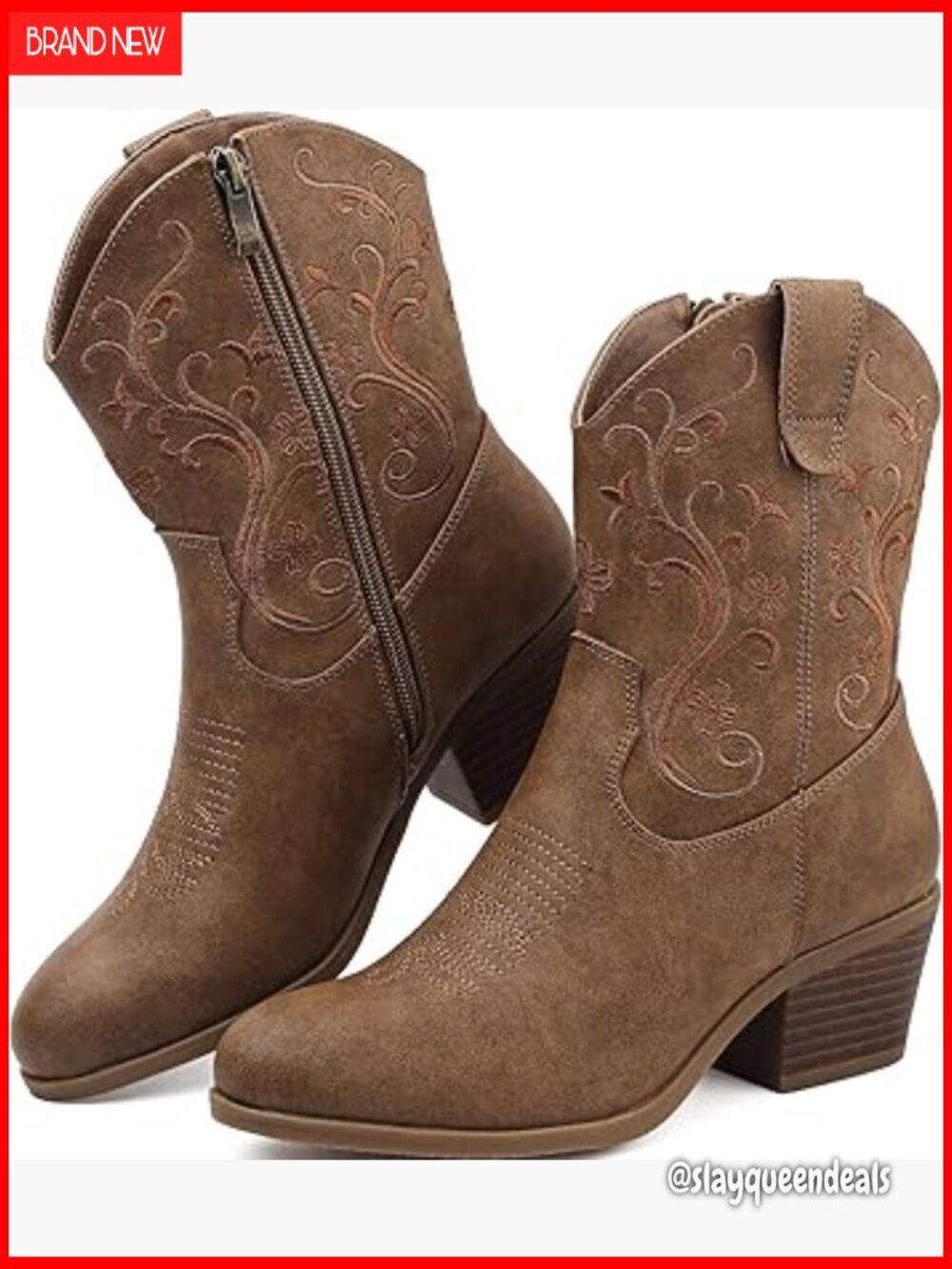 Leather Ankle Boots Western Style Side Zipper Mid Heel Round Toe
